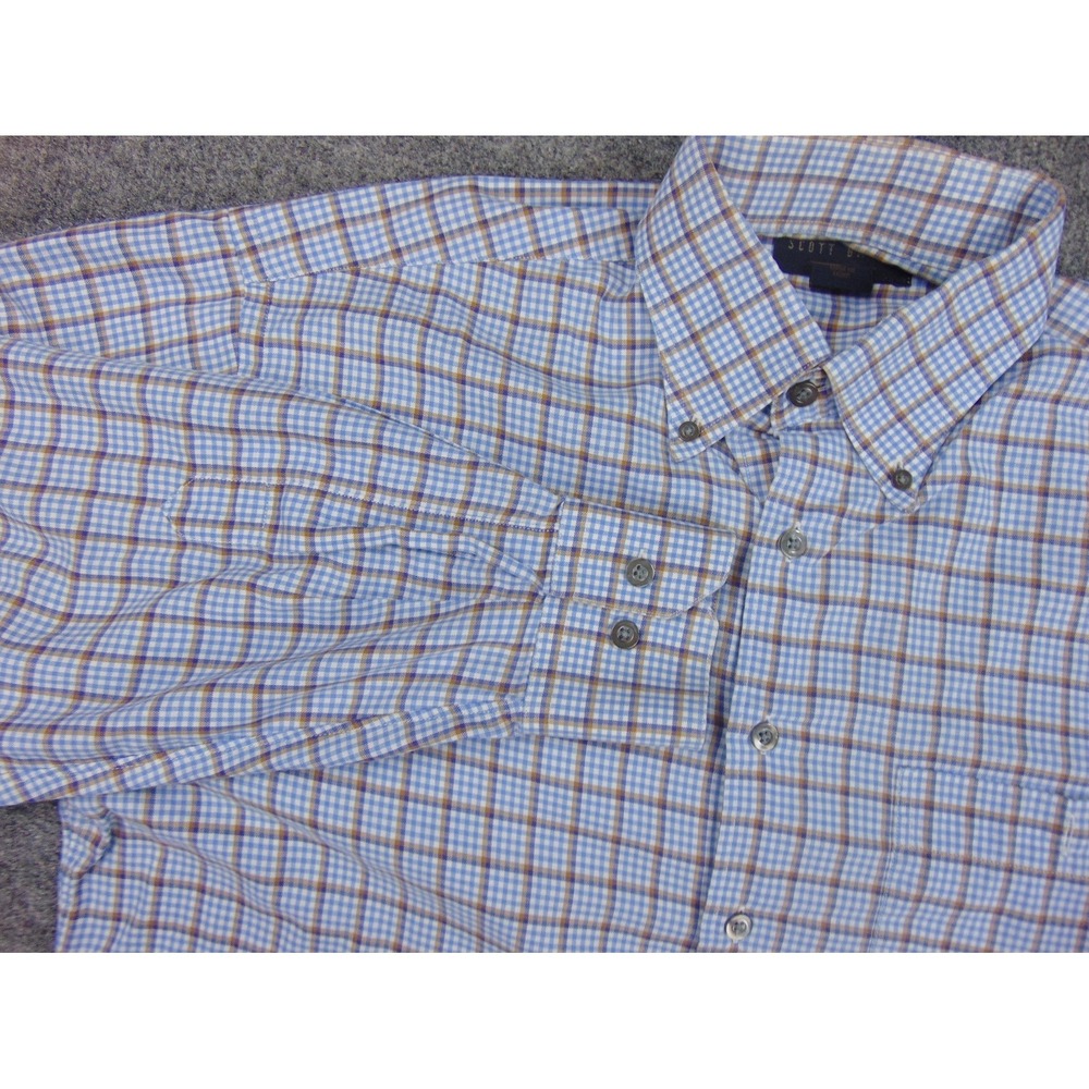 Scott Barber Shirt Mens Med Blue Brown Plaid Button Down Preppy‎ Office Classic